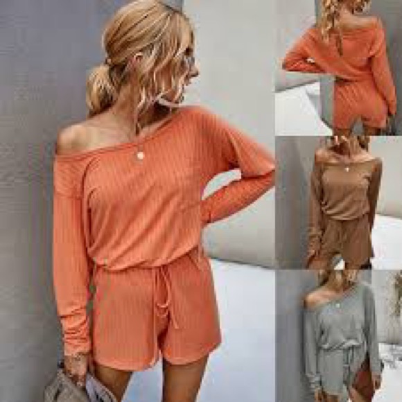 - Orange Knit Sweater Draw String Waist Romper - Picture 2 of 7